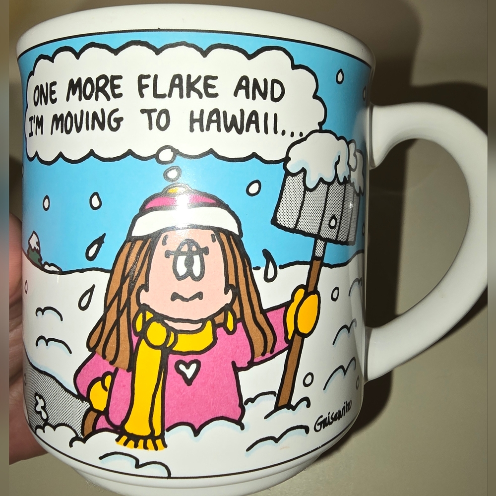Cathy comic strip 80s moving to Hawaii snow mug